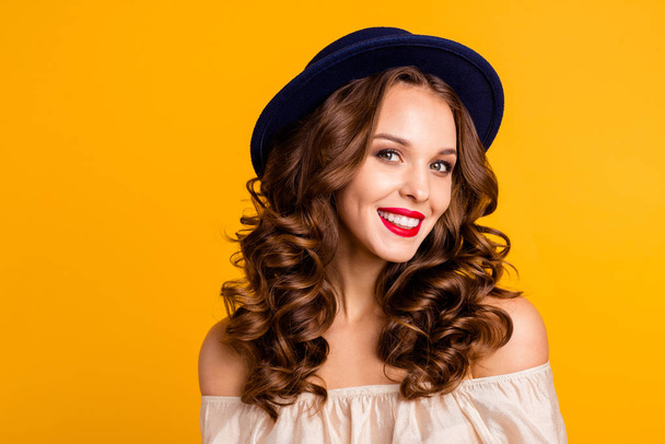 Close-up portrait of her she nice-looking attractive well-groomed winsome lovely sweet pretty cheerful cheery modern wavy-haired lady isolated over bright vivid shine yellow background - Foto, Imagen