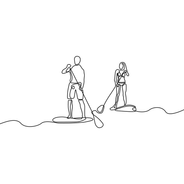 Folyamatos vonal férfi és a nő csinál evezz beszállás - Vektor, kép