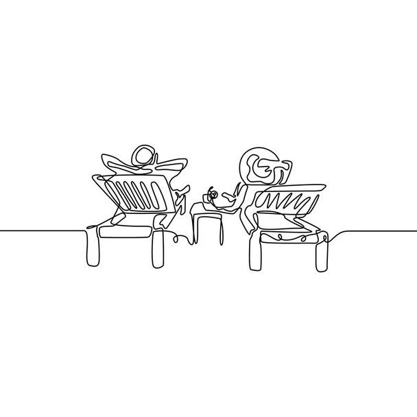 Continuous line Love couple relax on deckchair. Vector illustration. - Vector, Image