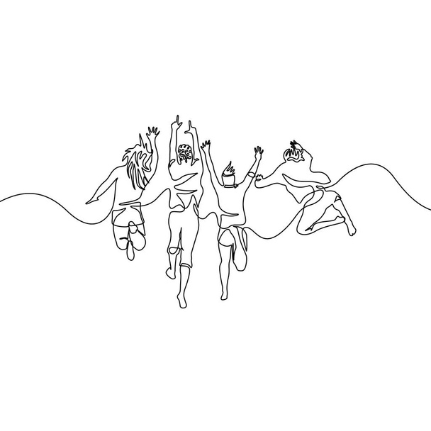 Continuo grupo de dibujo de una línea saltando amigos
 - Vector, Imagen