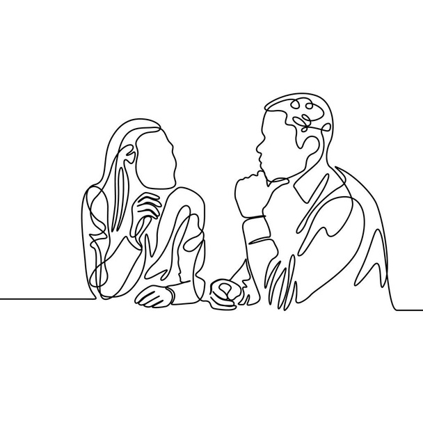 Continuous one line co-workers ponder work. Vector illustration. - Vector, Image