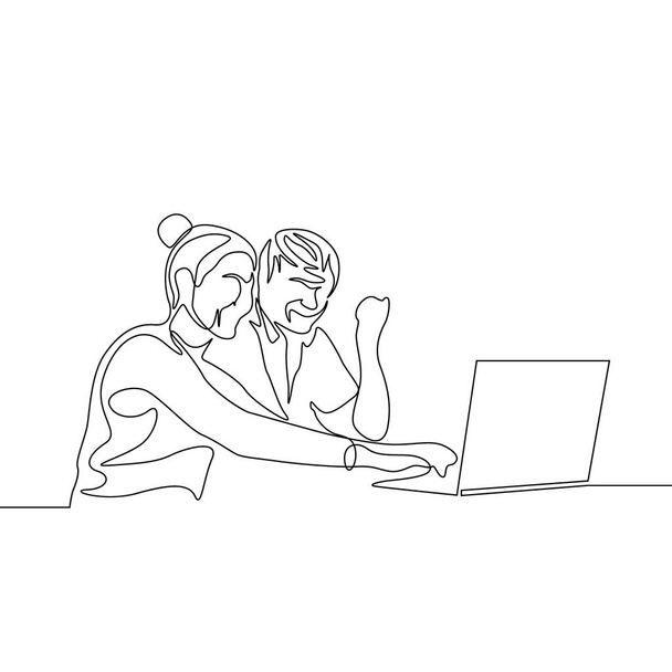 Безперервна одна лінія малює щасливу пару чоловіка і жінки, використовуючи ноутбук
 - Вектор, зображення