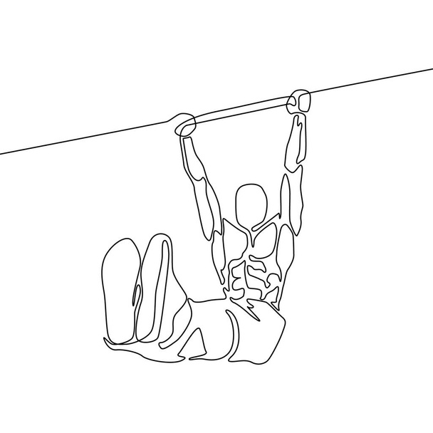 Continuous line athlete hanging on horizontal bar and holds the corner with his feet - Vector, Image