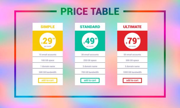 Tre tariffe, interfaccia per il sito. Modello di design della tabella dei prezzi Web
 - Vettoriali, immagini