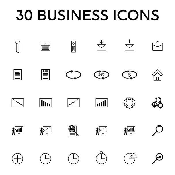 Conjunto de 30 ícones de negócios. Negócios, finanças, gestão, tempo, suporte, serviço. Ilustração vetorial limpa e moderna para design, web
. - Vetor, Imagem