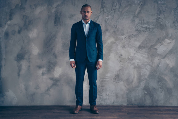 Full length body size photo stunning handsome office collar short hair bald good-looking concentrated stand isolated dark background ready work workforce luxurious modern trendy classic costume shoes - 写真・画像