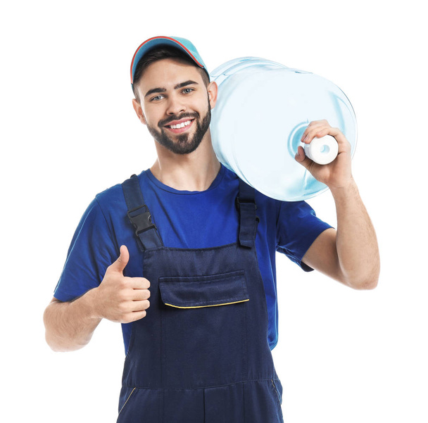 Delivery man with bottle of water on white background - Fotó, kép