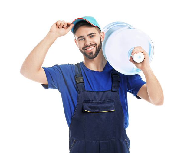 Delivery man with bottle of water on white background - Foto, immagini