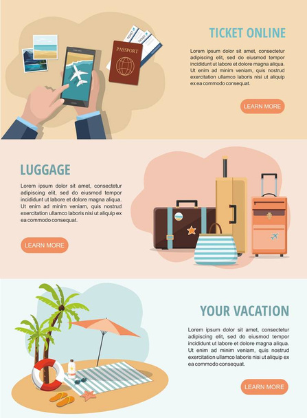 Ρυθμίστε τις διακοπές και τα ταξιδιωτικά banner Web. Ταξιδιωτικές βαλίτσες, υπηρεσία εισιτηρίων για κινητά και Αξεσουάρ παραλίας  - Διάνυσμα, εικόνα