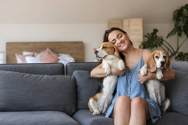 Jeune femme avec des chiens mignons assis sur le canapé à la maison
 - Photo, image