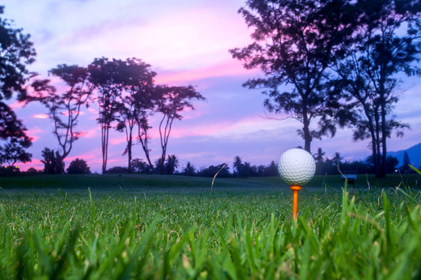 pelota de golf en tee en primer hoyo tee off con borroso verde hierba primer plano y desenfoque cielo colorido con los árboles de silueta de fondo durante el amanecer, Tailandia
 - Foto, Imagen