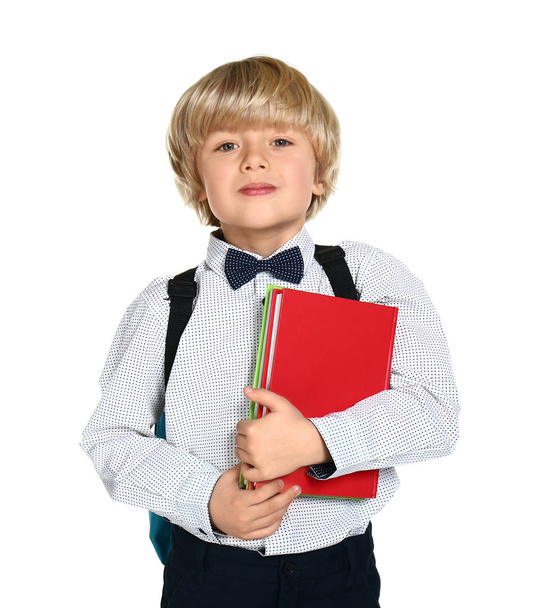 Cute little schoolboy on white background - Фото, изображение