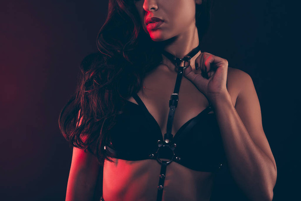 Cropped close-up portrait of nice alluring attractive adorable perfect wavy-haired lady wearing fixing tightening swordbelt teasing isolated on black background - 写真・画像