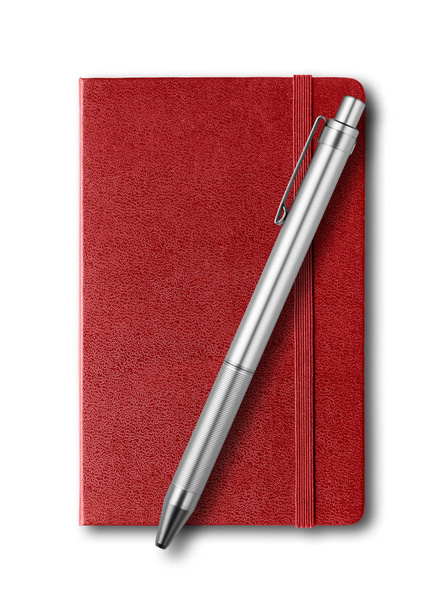 Dark red closed notebook and pen isolated on white - Фото, изображение