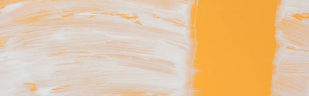 panoramic shot of glass covered with white foam on orange background with copy space - Fotoğraf, Görsel