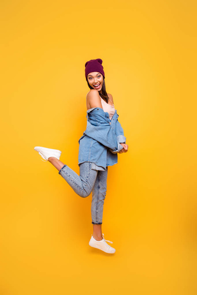Full length body size view photo charming attractive youth person feel content candid satisfied scream shout delighted spring summer concept wear modern denim clothing isolated bright background - Foto, Bild