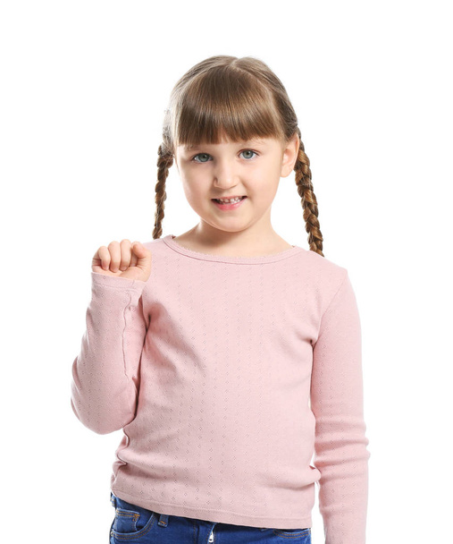Cute deaf mute girl using sign language on white background - Photo, Image