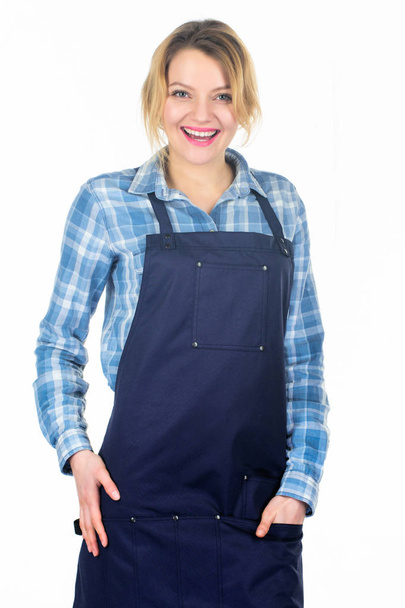 Barbecue master. Woman checkered shirt and apron for cooking white background. Picnic and barbecue. Grilling food. Cooking meat at low temperature for long time outdoors. Cooking meat in park - Photo, Image