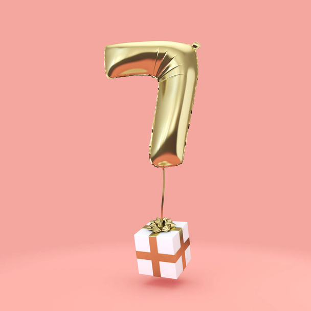 Number 7 birthday celebration gold foil helium balloon with presents. 3D Render - 写真・画像