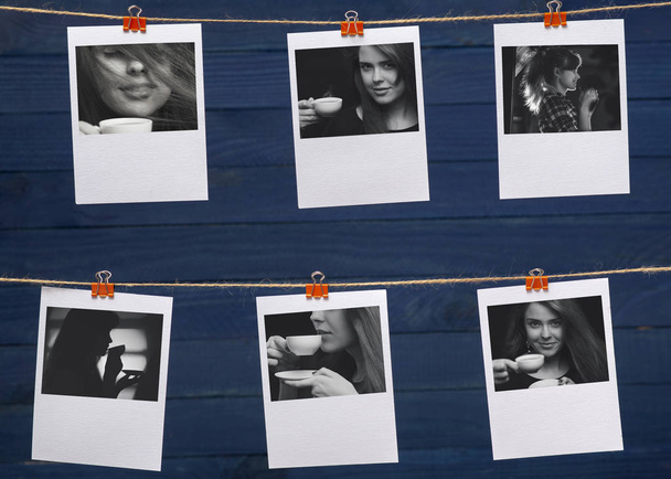 photographs hanging on a linen thread on stationery clips on a a blurred wooden background, the theme of coffee drink, girl advertises beverage, home and food cafeteria design - Φωτογραφία, εικόνα