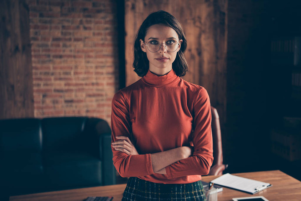 Close up photo of gorgeous magnificent elegant lady youth clever collar stand true entrepreneur style stylish brunette wear red sweater specs in industrial - Fotó, kép