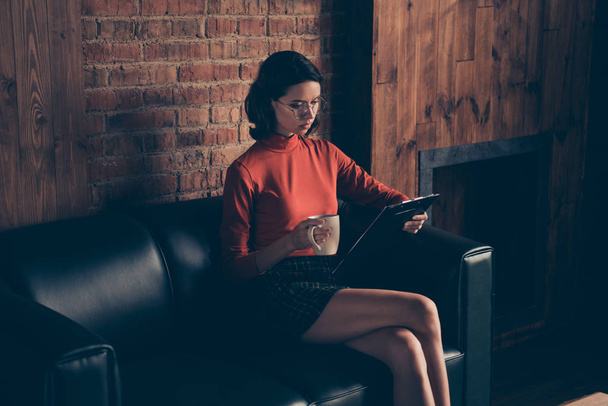 Portrait serious focused concentrated lady entrepreneur free time do analysis plan look hold hand mug beverage brunette style stylish trendy legs checkered skirt red pullover sit sofa couch interior - Photo, image