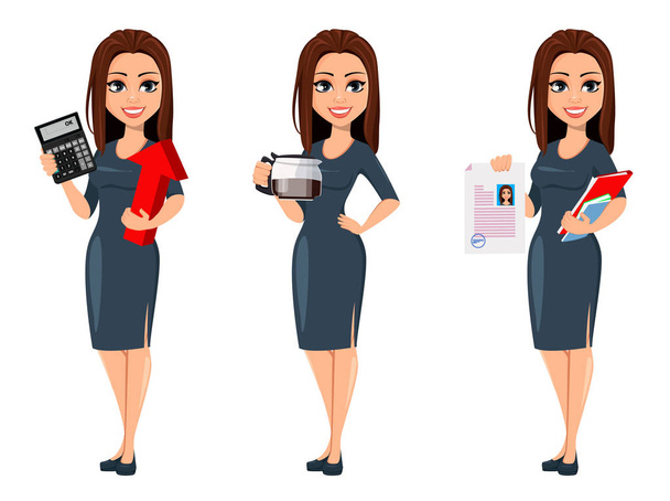 Modern young business woman in gray dress - Vector, Image
