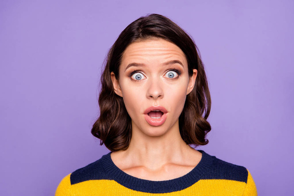 Close up photo beautiful she her lady ideal appearance look not believe open mouth speechless oh no expression eyes full fear wear blue yellow striped pullover isolated violet purple background - Φωτογραφία, εικόνα