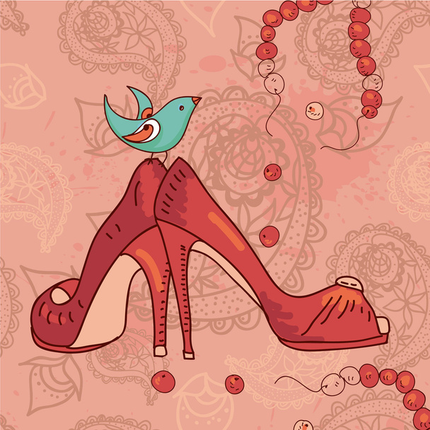 Paisley pattern with shoes and a bird - Vector, Image