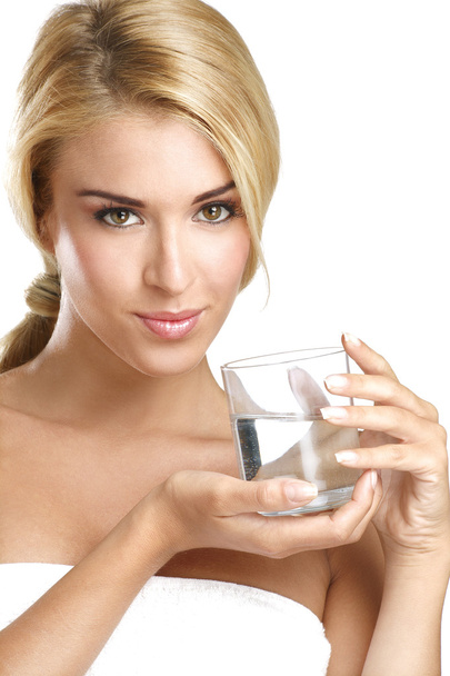 young beautiful woman drinking fresh water on white - Foto, afbeelding