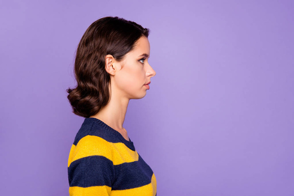 Close up side profile  photo beautiful amazing she her lady hear listen news novelty wondered information short hairstyle wear blue yellow striped pullover isolated violet purple background - Photo, image