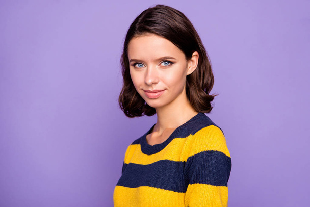 Close up side profile photo beautiful she her lady ideal plump lips sincere kind self-confident easy-going listening good news wear blue yellow striped pullover isolated violet purple background - Fotografie, Obrázek