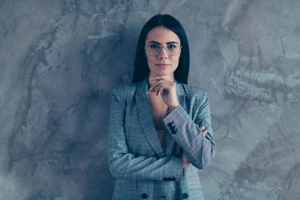 Close up portrait beautiful amazing she her business lady unsure doubtful uncertain hand chin wait interview look strict office wear specs formal-wear checkered plaid suit isolated grey background - Fotó, kép