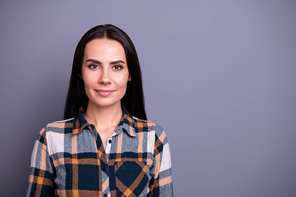 Close-up portrait of her she nice-looking attractive lovely content calm straight-haired lady wearing checked plaid isolated over gray violet purple pastel background - Foto, imagen