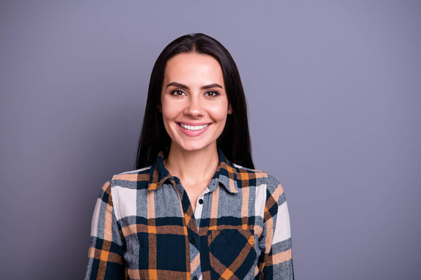 Close-up portrait of her she nice-looking attractive lovely content cheerful cheery straight-haired lady wearing checked plaid isolated over gray violet purple pastel background - Foto, Imagen