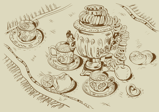 απογευματινό τσάι, σαμοβάρι ρωσική - Διάνυσμα, εικόνα