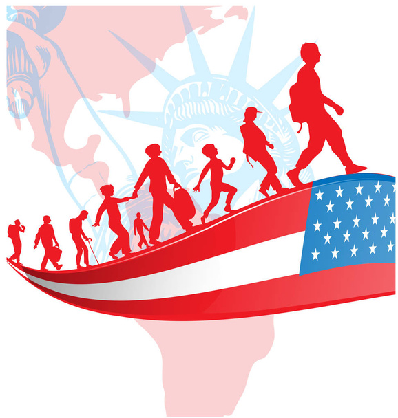 Флаг США с иммигрантами на американской карте.
  - Вектор,изображение