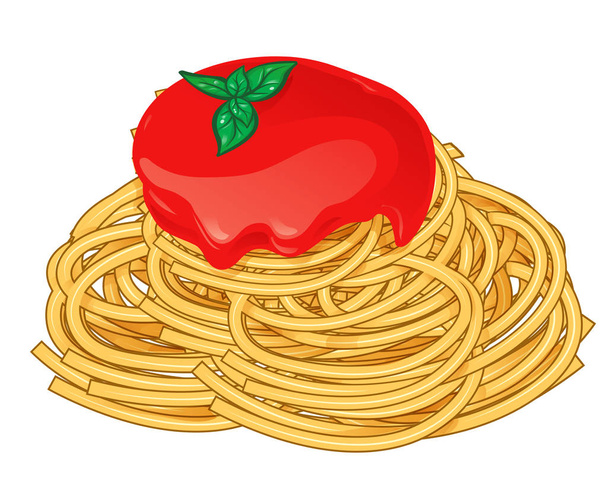 Spaghetti mit Tomate und Basilikum isoliert auf weißem Vektor  - Vektor, Bild