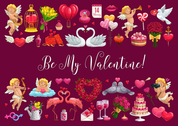 Valentines day greetings. Cupid, heart, love signs - Vector, Image