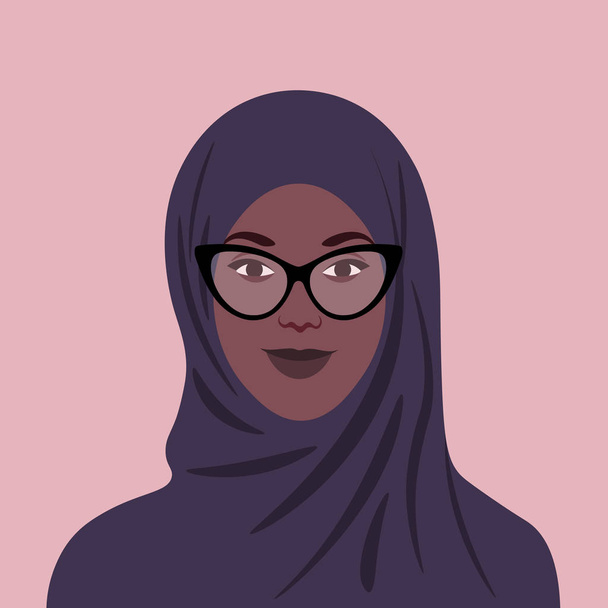 Porträt eines Afrikaners in Hijab und Brille. Muslimische Mädchen Avatar. Vektorflache Abbildung - Vektor, Bild