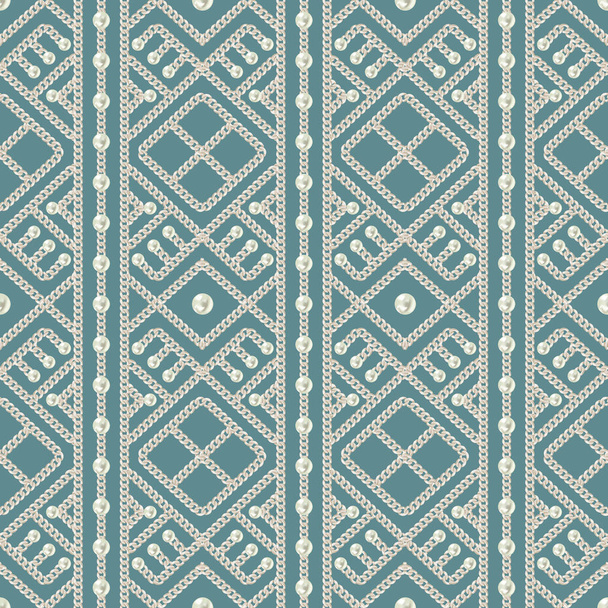 Seamless pattern of silver chain geometrical ornament and pearls on blue background. Vector illustration - Wektor, obraz
