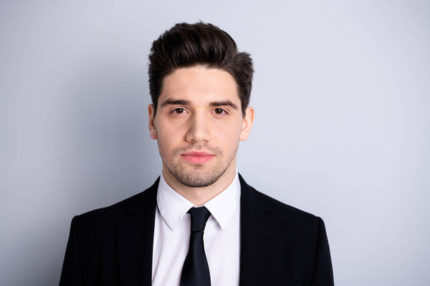 Close up photo amazing he him his macho attractive handsome look watch interested curious wondered not smiling wear white shirt black suit jacket tie formalwear isolated bright grey background - Foto, Imagen