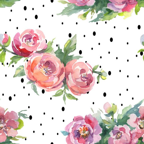 Peonies with green leaves on white background. Watercolor illustration set. Seamless background pattern. - 写真・画像