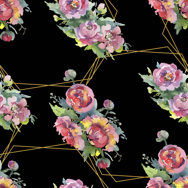 Peonies with green leaves on black background. Watercolor illustration set. Seamless background pattern. - Foto, Imagem