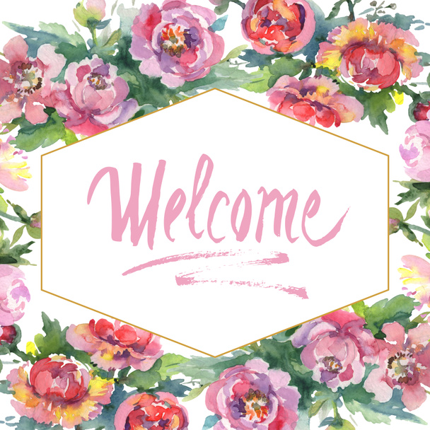 Peonies with green leaves isolated on white. Watercolor background illustration set. Frame ornament with welcome lettering. - 写真・画像