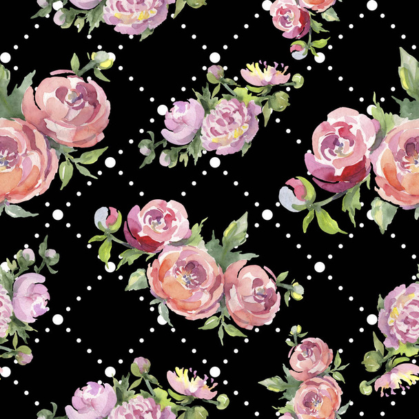Peonies with green leaves on black background. Watercolor illustration set. Seamless background pattern. - Foto, Imagen