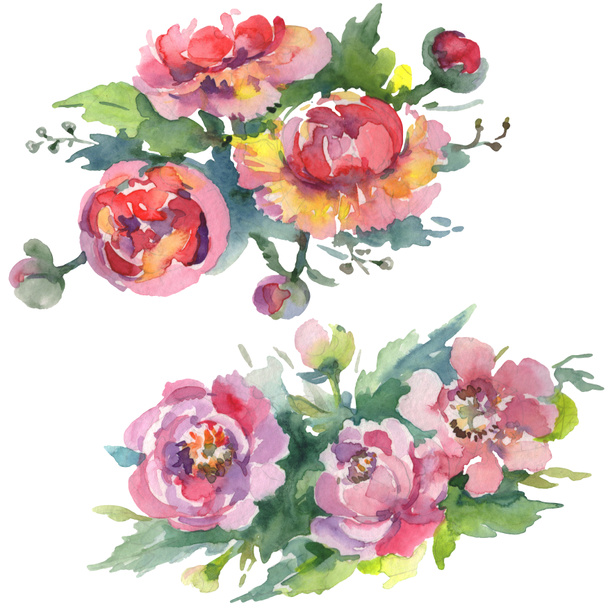 Bouquets of peonies with green leaves isolated on white. Watercolor background illustration set.  - Фото, зображення