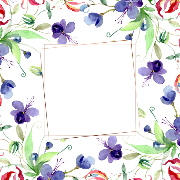 Flowers with green leaves isolated on white. Watercolor background illustration elements. Frame with copy space. - 写真・画像