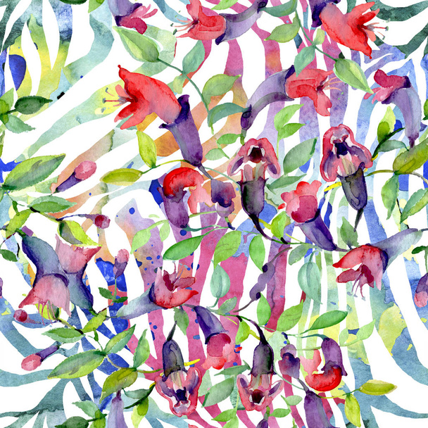 Wildflowers with green leaves. Watercolor background illustration set. Seamless background pattern. - 写真・画像