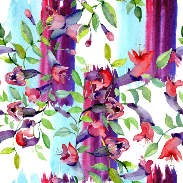 Wildblumen mit grünen Blättern. Aquarell Hintergrundillustration Set. nahtloses Hintergrundmuster. - Foto, Bild